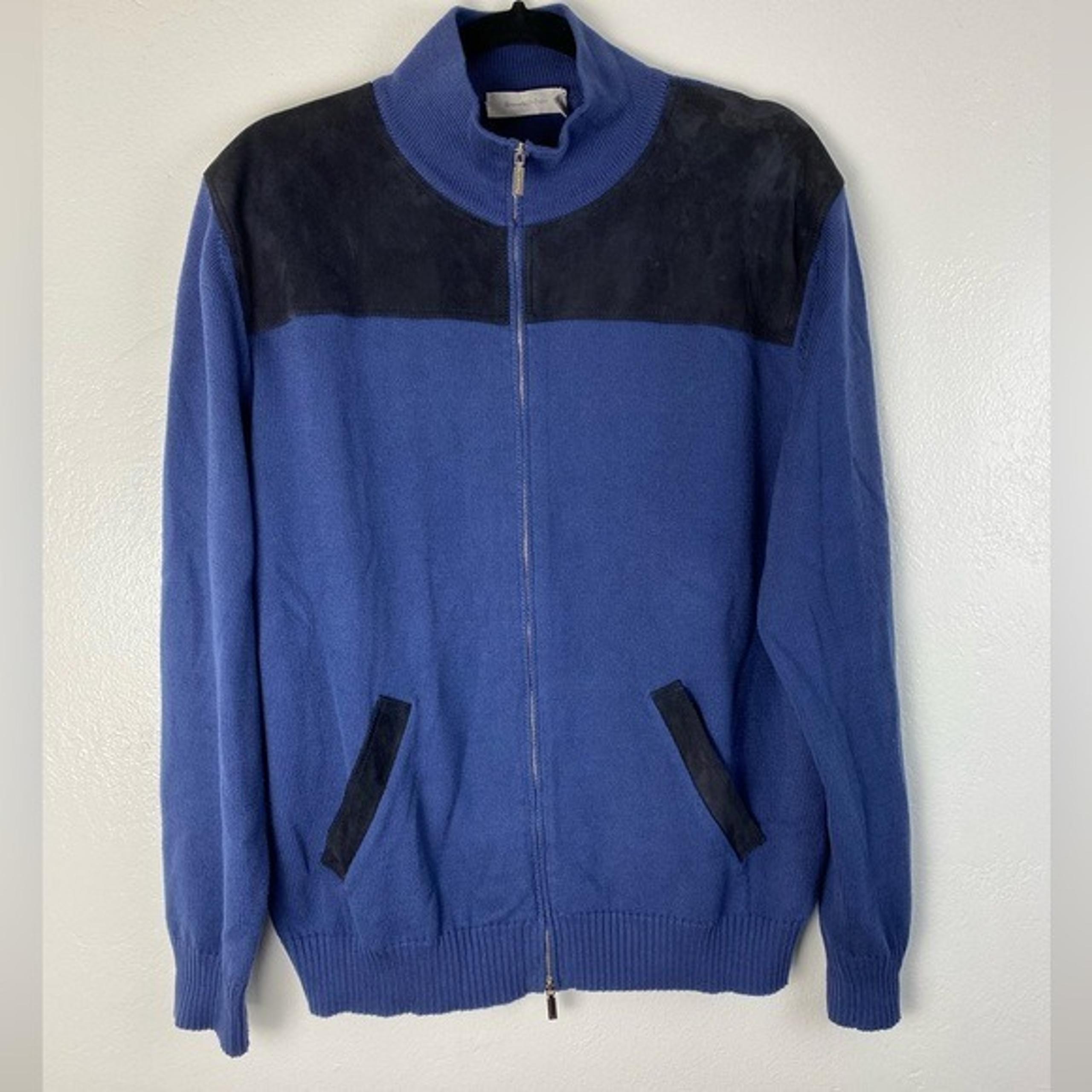 Ermenegildo Zelda Full Zip Blue Black Leather Cotton Knit Sweater Jacket Large