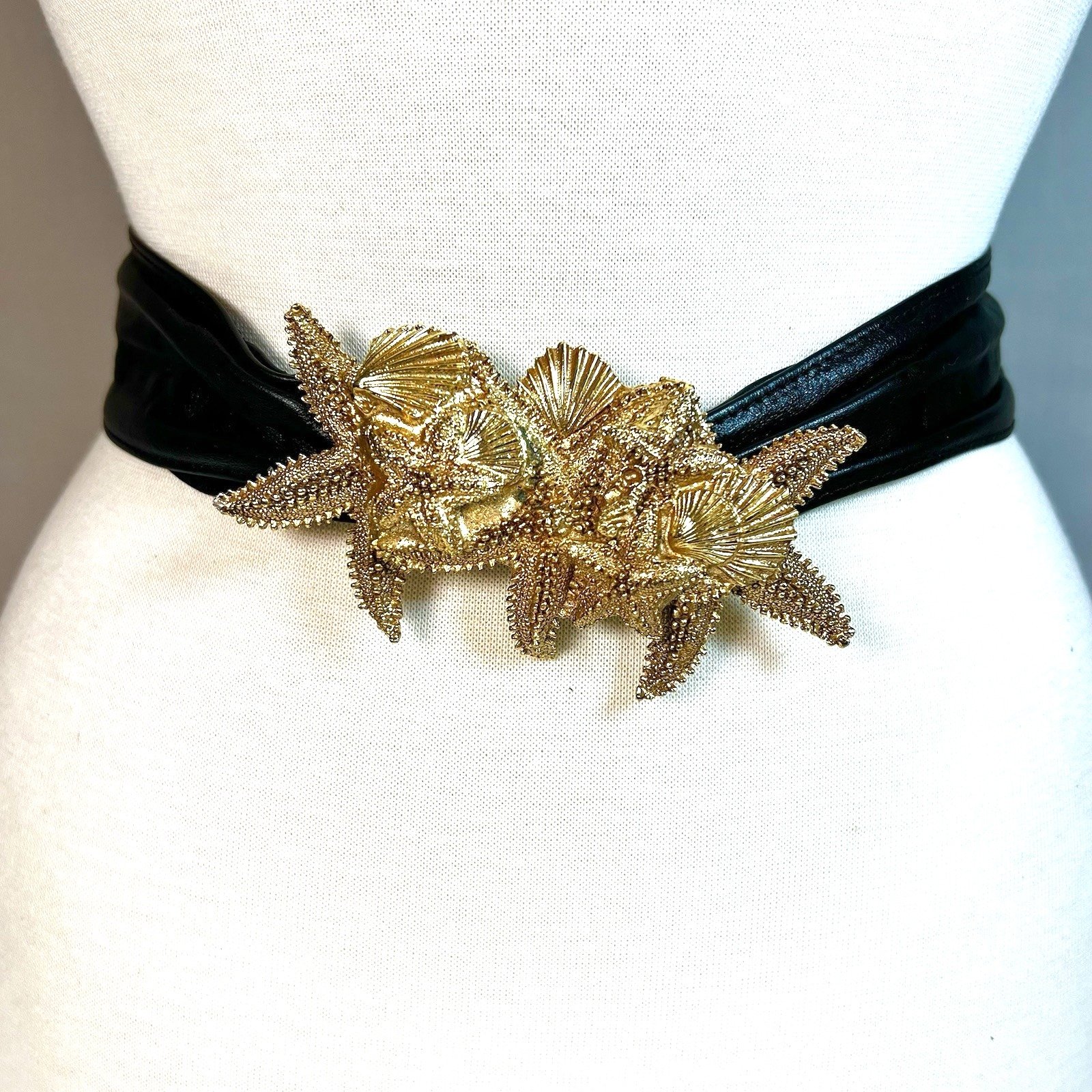 Vintage Starfish Seashell Belt M Gold Buckle Black Leather Coastal Grandma!