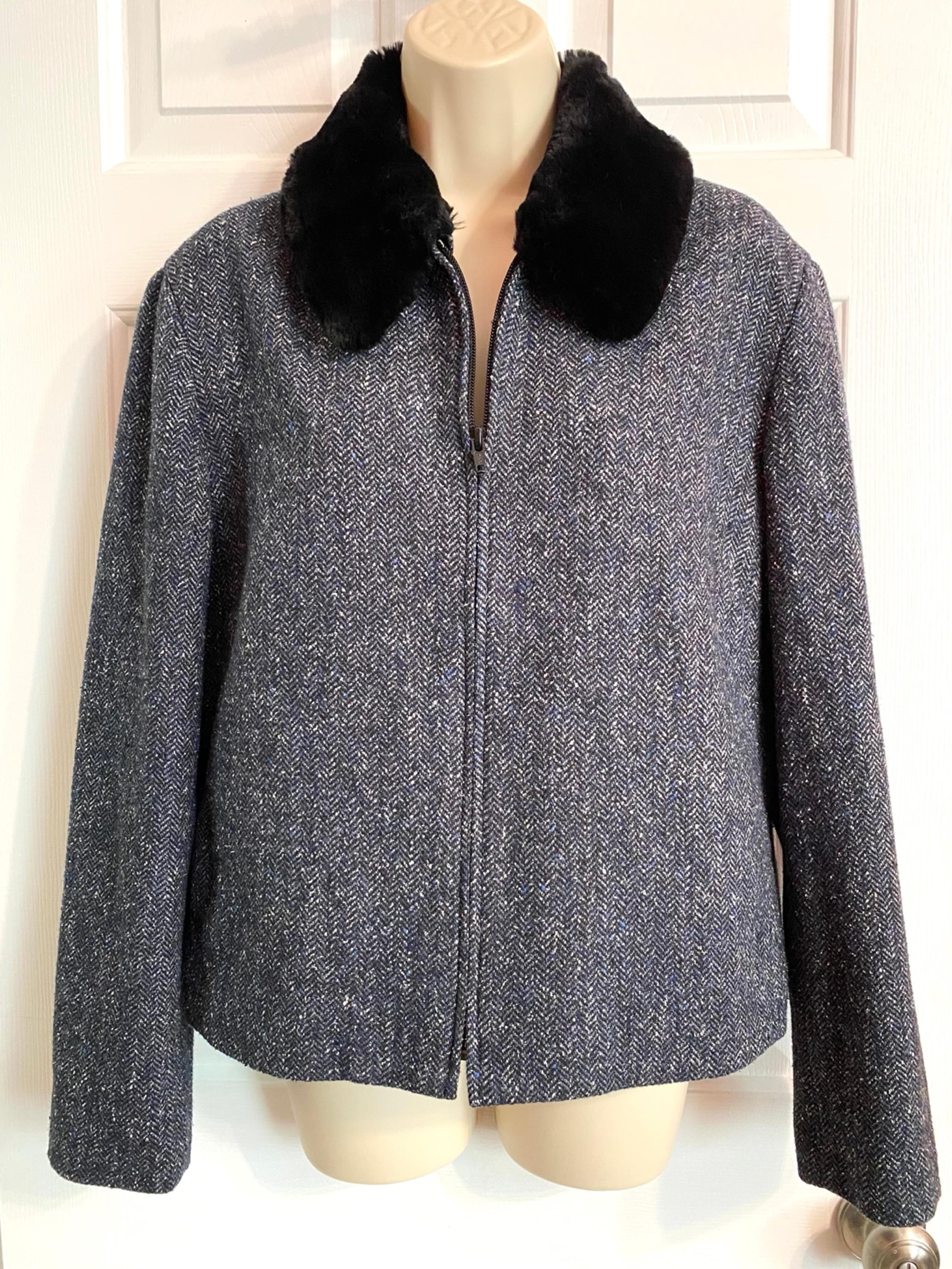 Talbots Tweed Wool Zip Front Jacket w/ Faux Fur Removable Collar -orig $128.