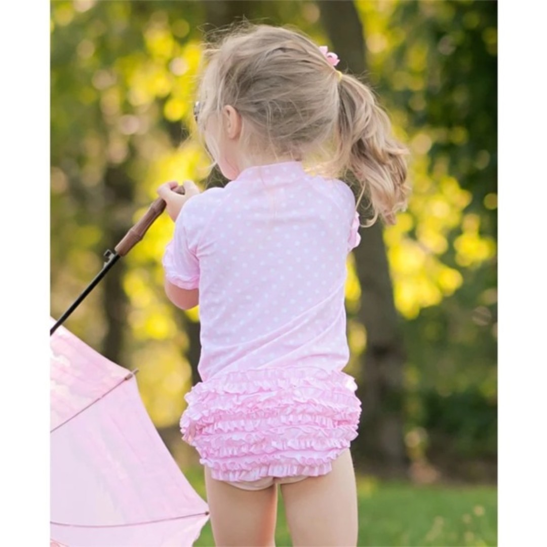 New Ruffle Butts Pink Polka Dot Ruffled Rash Guard Bikini Set Size 6-12 months