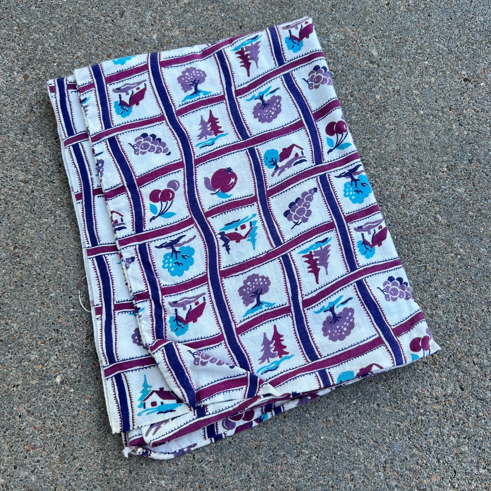 Vintage Flour Feed Sack cabins trees grapes cherries plums purple teal