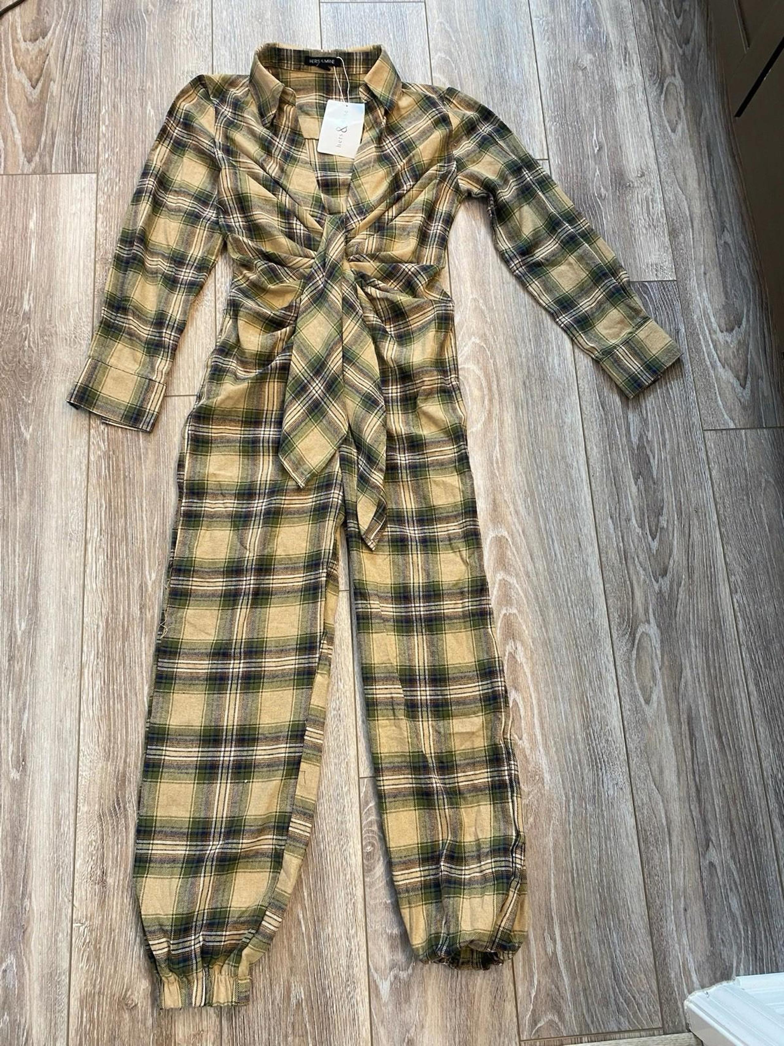 Hers & Mine Green Brown Plaid Long Sleeve Jumpsuit Romper NWT Sz Small (A21)