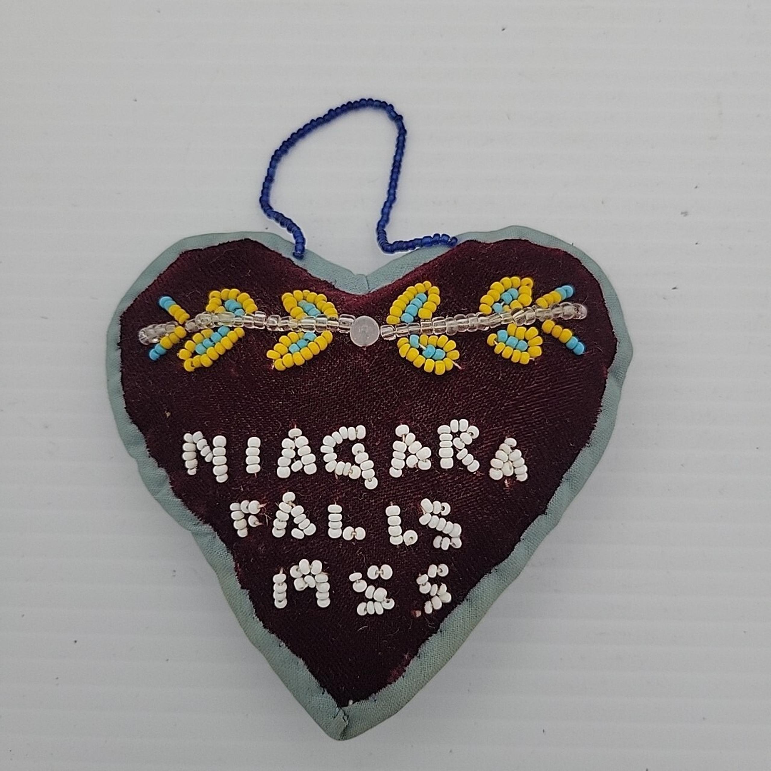 Vintage Folk Art Seed Bead Heart Sewing Pin Cushion Niagara Falls