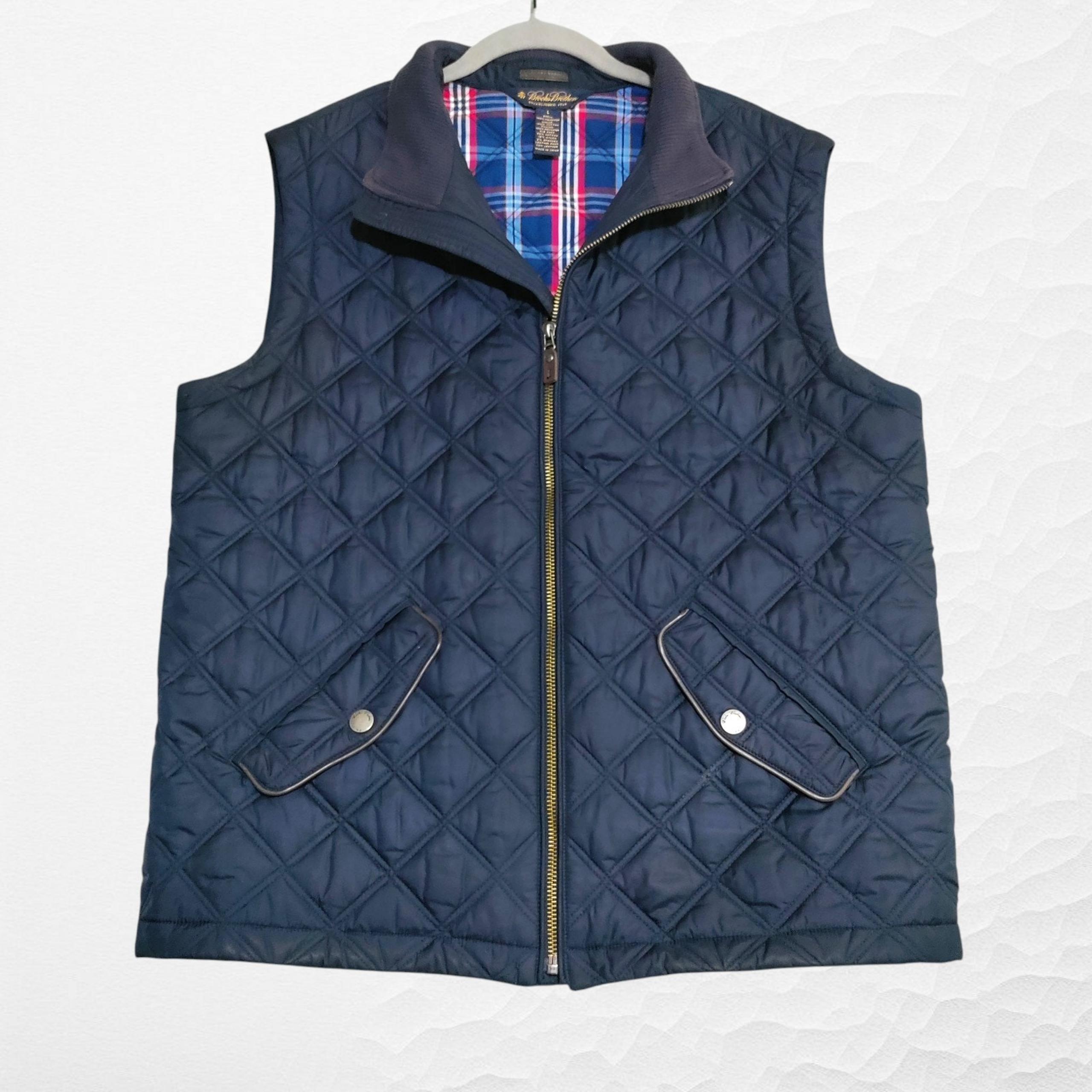 Brooks Brothers Diamond Quilted Vest Men's LARGE Navy Blue Plaid Lined *Read*