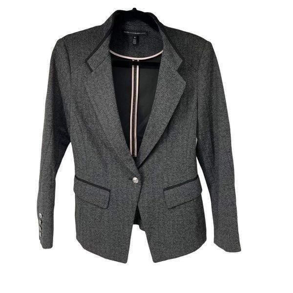 WHBM Dark Gray Subtle Herringbone Black Piping Single Closure Blazer