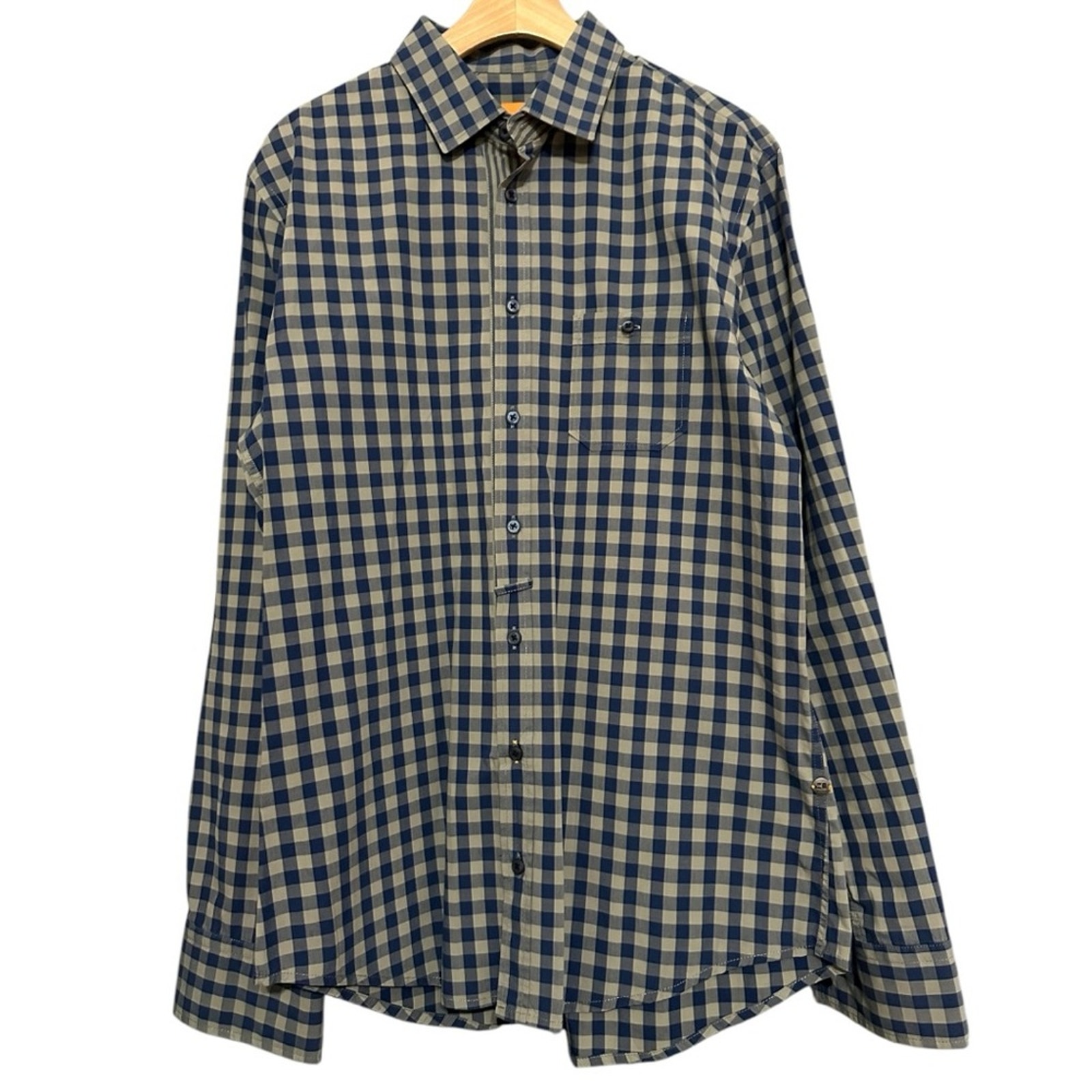 Boss Hugo Boss Orange Label Men’s Size L Tan Blue Checkered Button Down Shirt