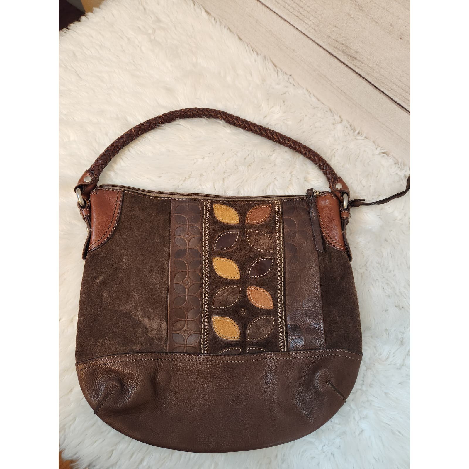 Fossil Women's Brown Suede Leather Solid Hobo Shoulder Handbags Purse One Size