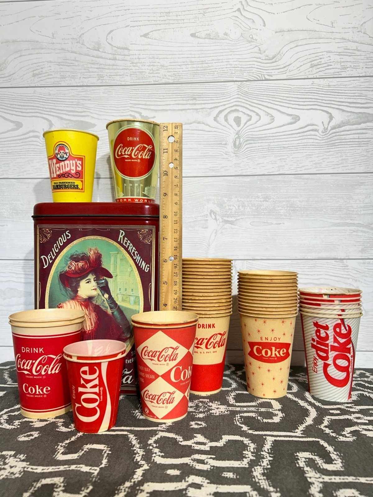 Vintage Coca Cola The Palms Tin Can with Assorted Vintage Wax Coated Cups *SET*