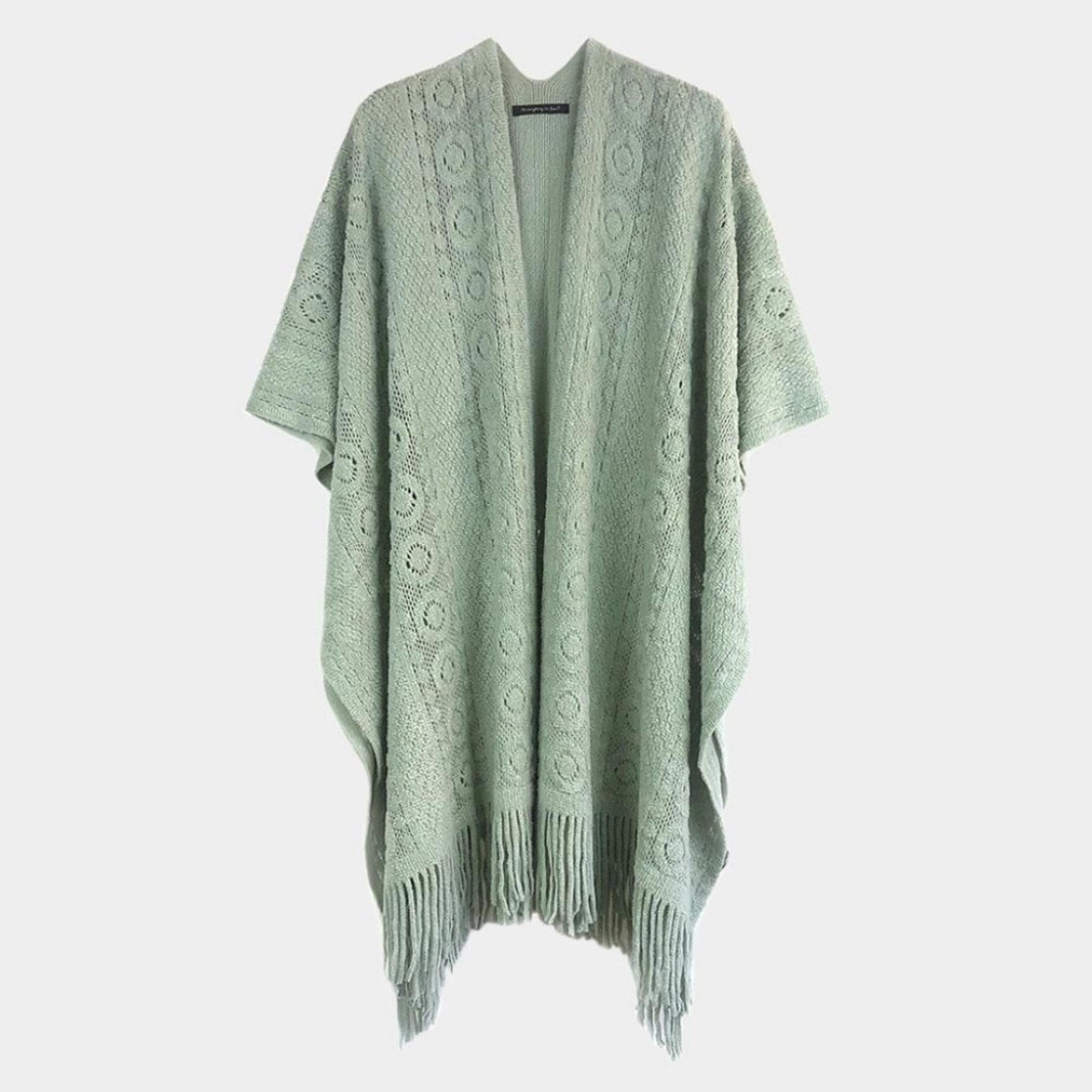Green Crochet Shawl Fringe Poncho Scarf Sweater Open Front Cape Womens Wrap