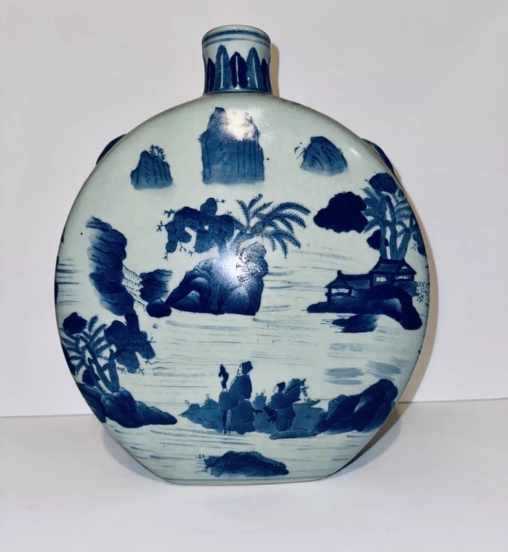 Chinese Ceramic Moon Flask Vase 13” Qing Dynasty Landscape Scenery Blue White-SD