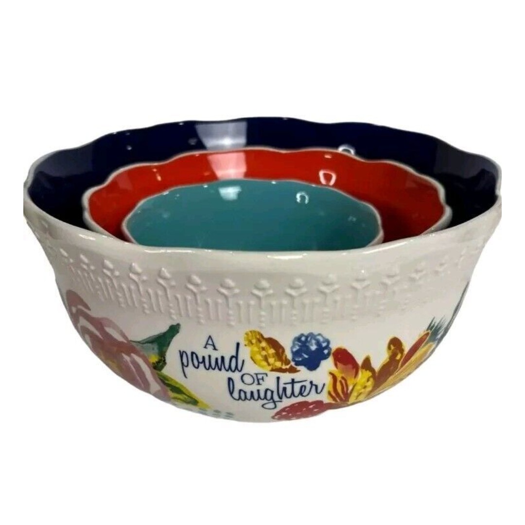 Pioneer Woman Love Kindness Laughter Set 3 Mixing Serving Bowls Scalloped Edge