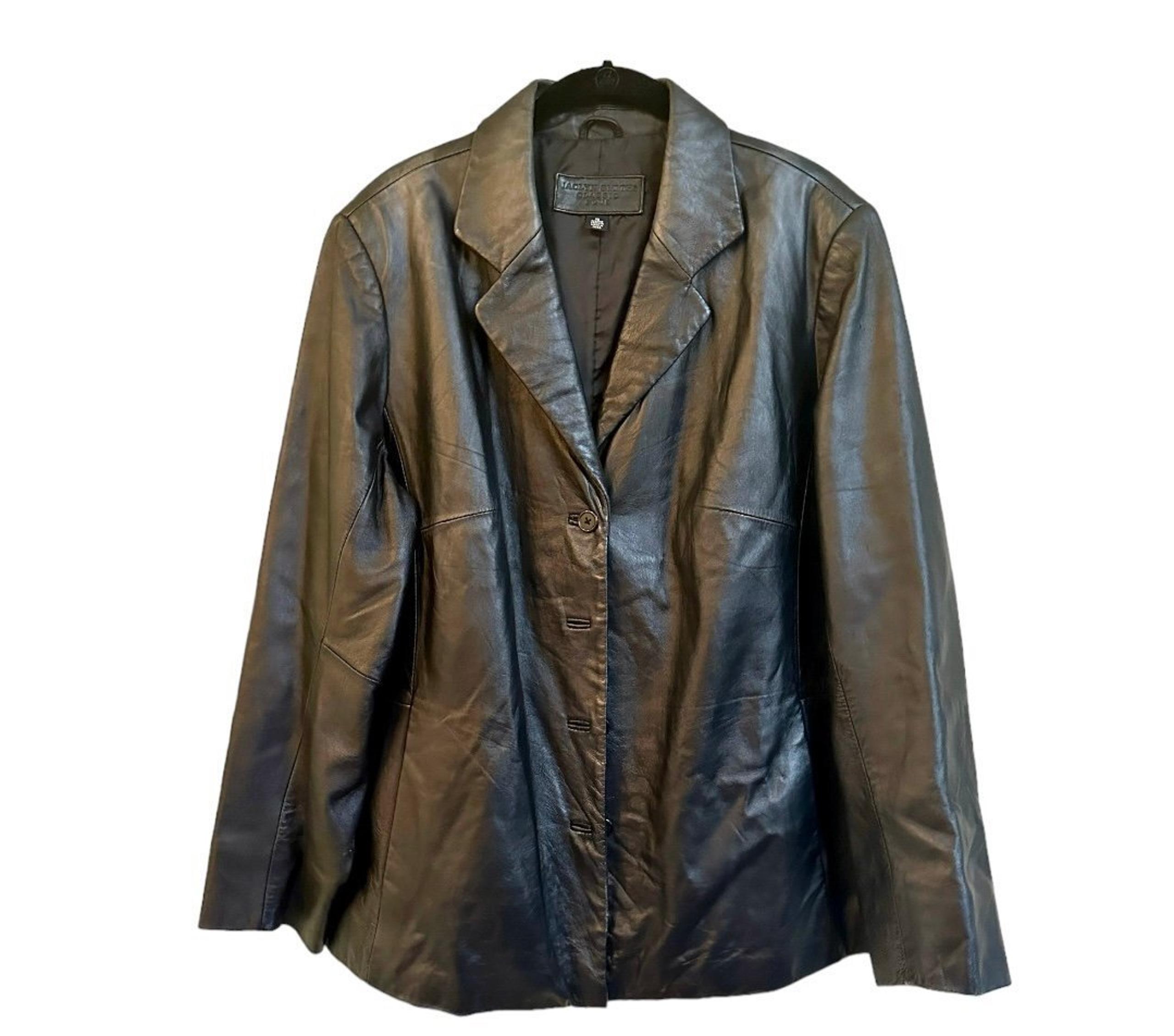 JACLYN SMITH, WOMENS, CLASSIC, BLACK LEATHER JACKET. SINGLE BUTTON BLAZER STYLE.