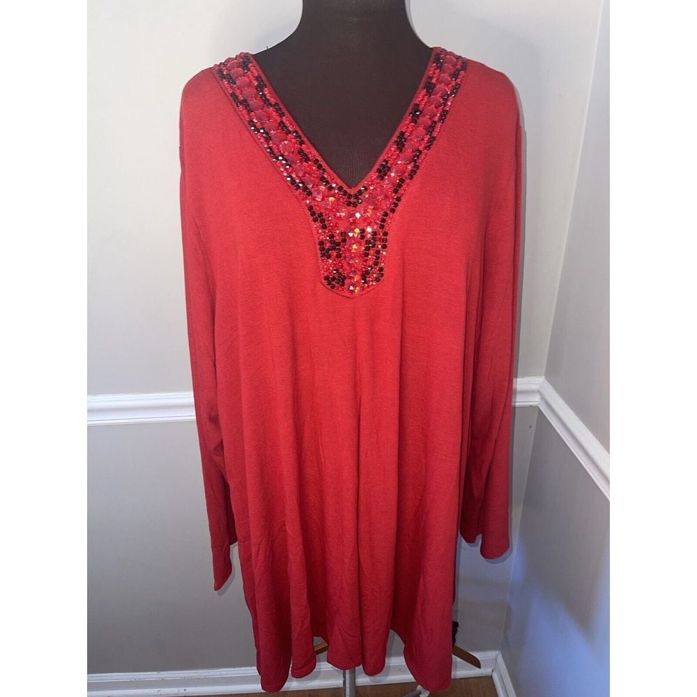 Avenue Womens Plus Size 4X 30/32 Red Beaded V Neck Sweater NWT
