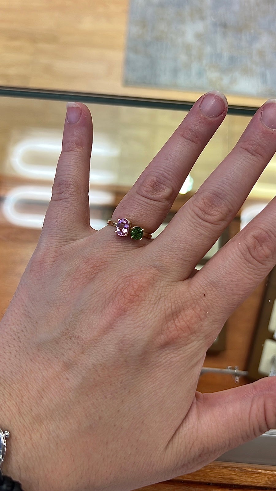 14k yellow gold handmade ring with green and pink sapphire