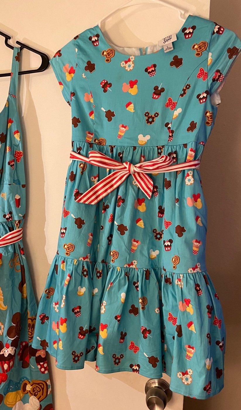 Disney dress shop, youth large, disney snacks pattern