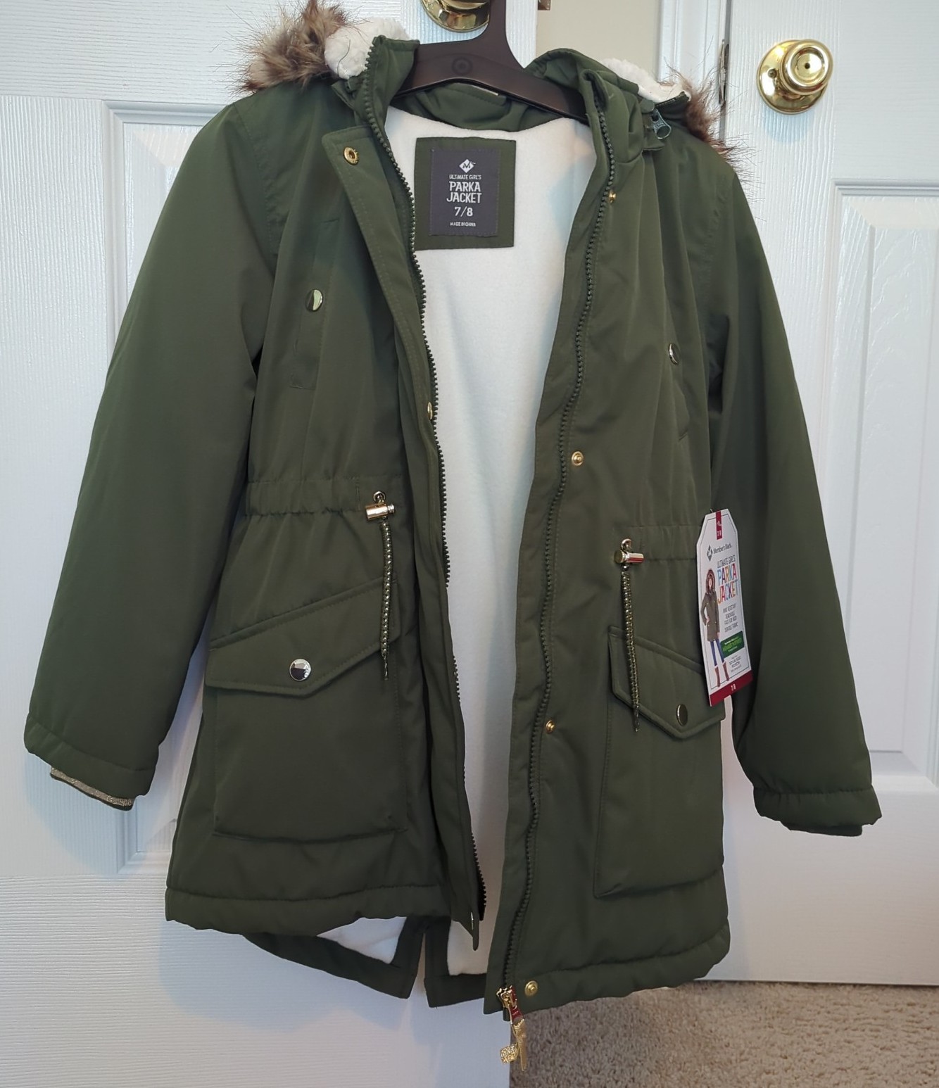 NWT Members Mark Olive Green Girls Parka Jacket Winter Coat Size Medium 7/8