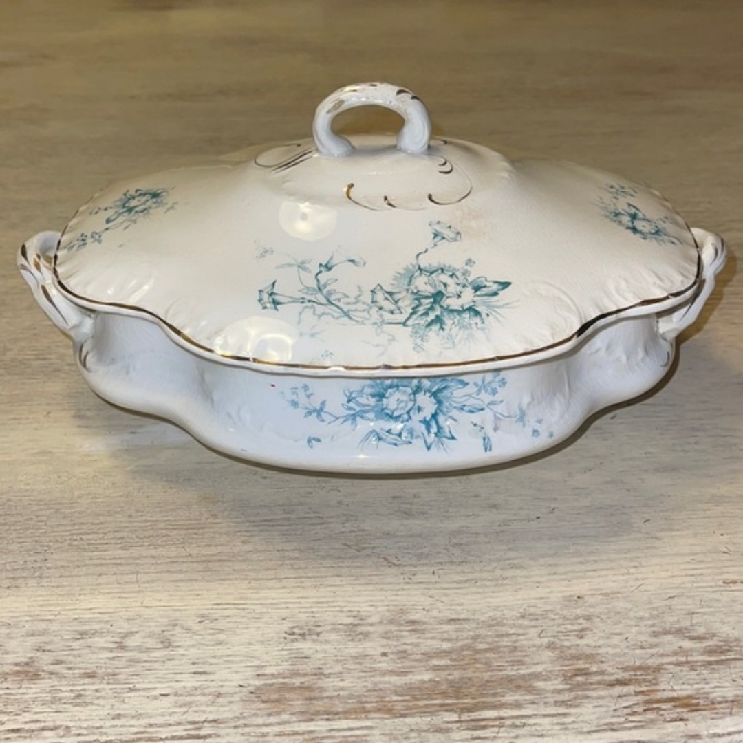 Vintage W.E.P. West End Pottery Blue Green Transfer-ware Covered Vegetable Dish