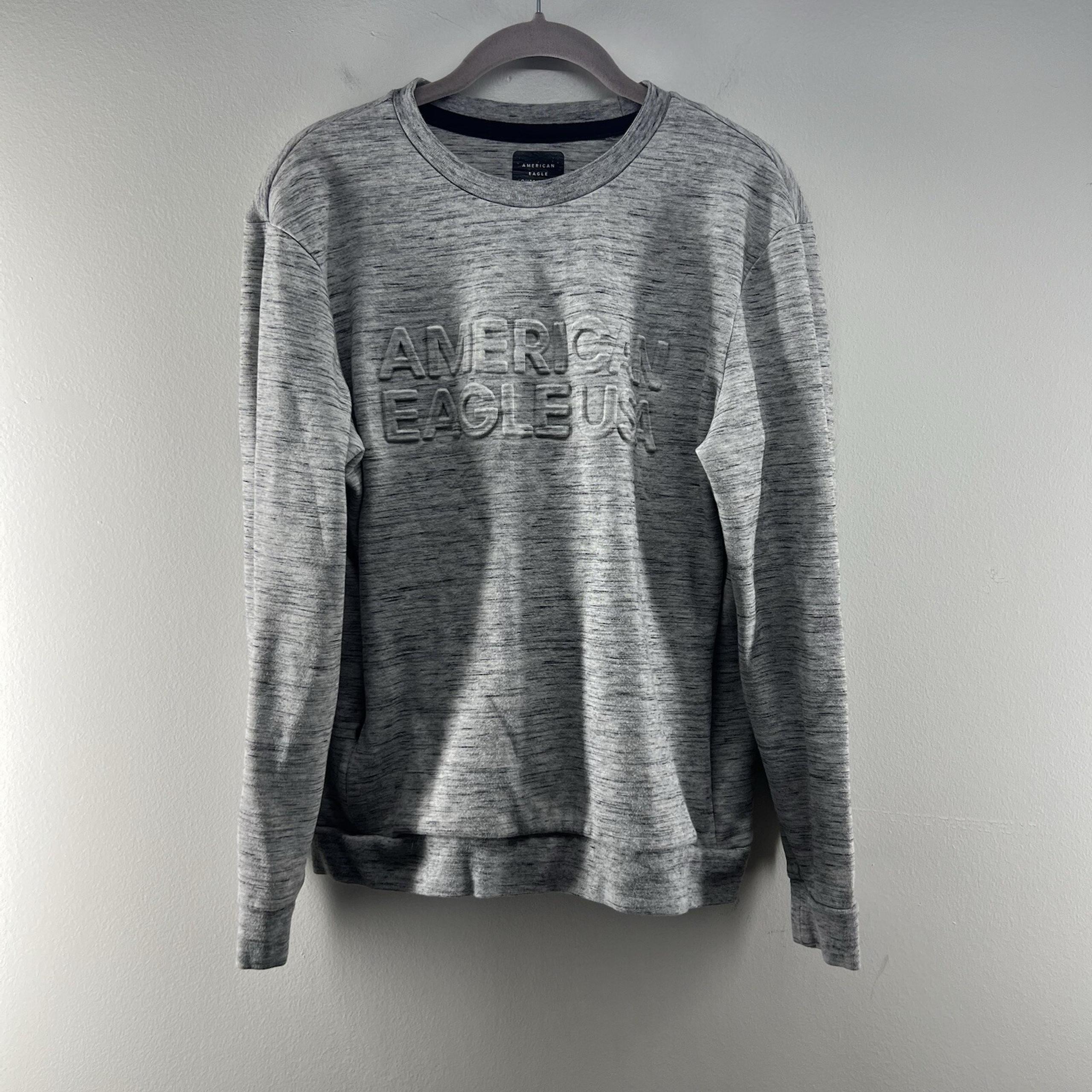 American Eagle Sweatshirt Mens Small Gray 3D Spell Out Logo Long Sleeve Pullover