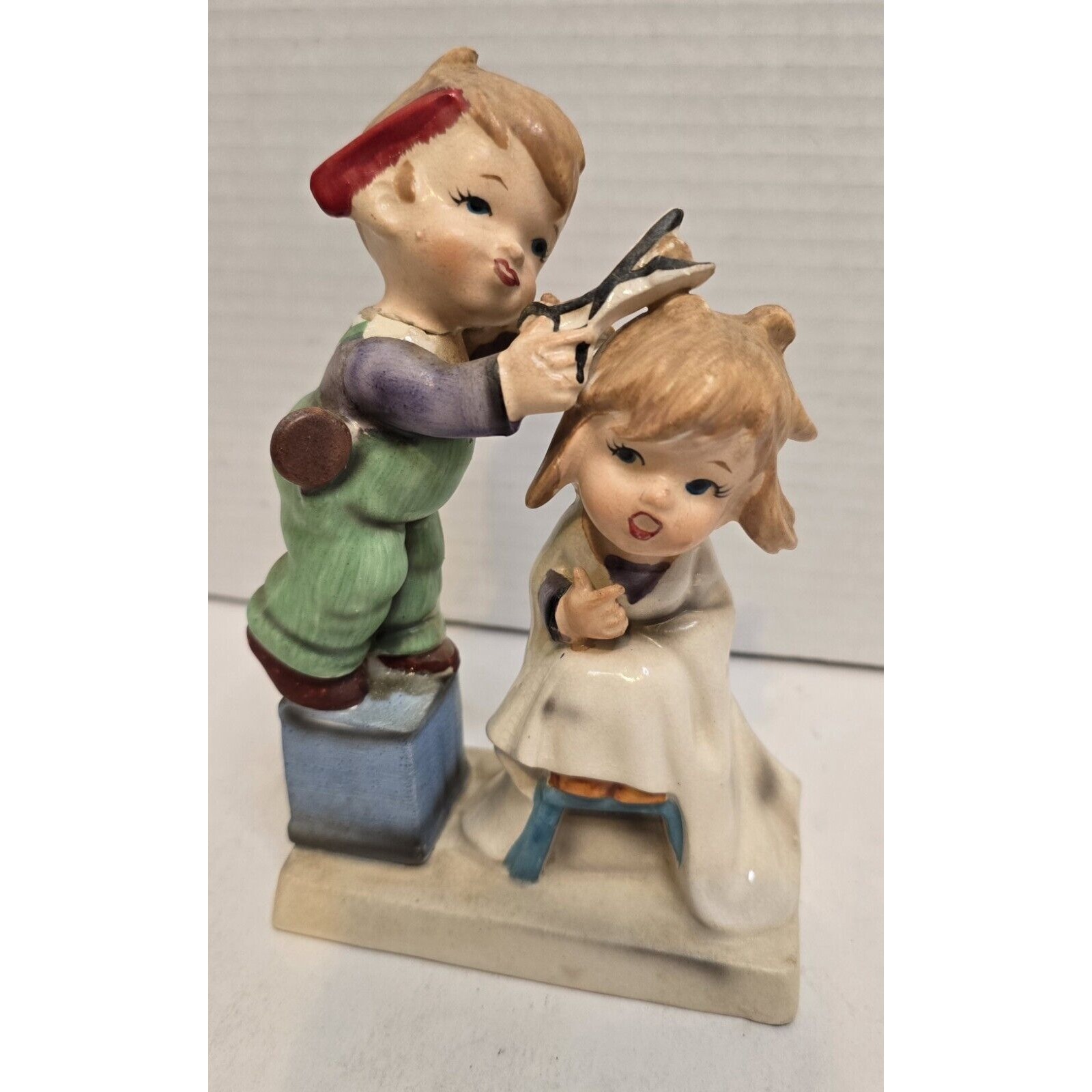 Vtg NAPCO JAPAN My First Haircut Ceramic Figurine Boy cutting sister's hair