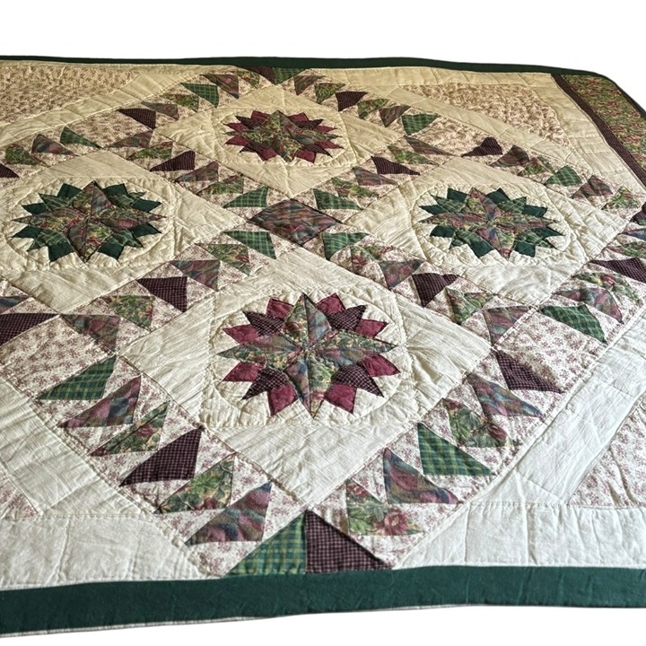 Large Handmade Star Quilt Cream, Maroon & Green Cotton Queen Size 83” x 66”