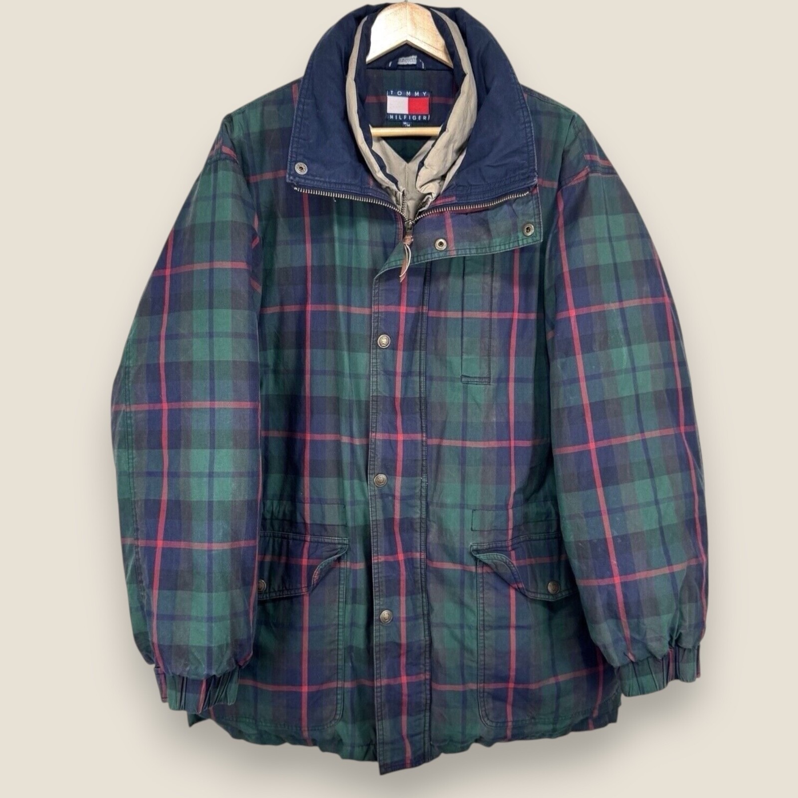 Vintage Tommy Hilfiger Puffer Jacket Parka Men Medium Green Blue Plaid Duck Down