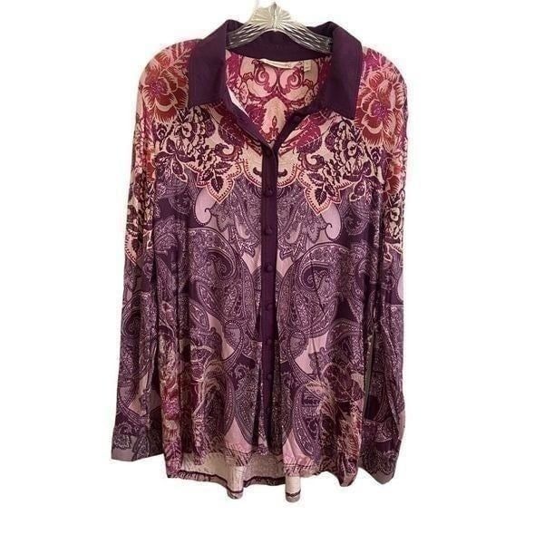 Soft Surroundings Seraphina Purple Paisley Button Long Sleeve Top