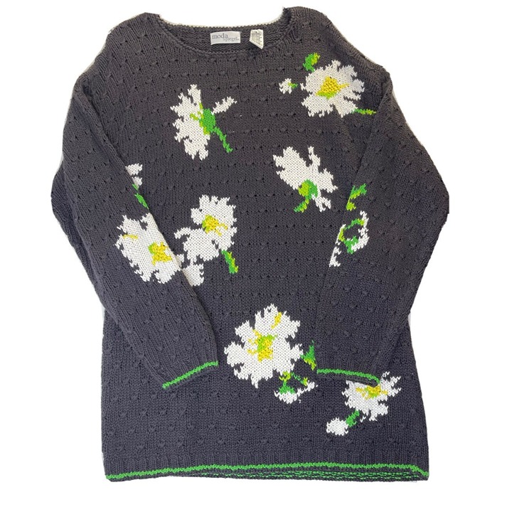 Vintage Womens Medium Country Floral Knit Oversized Tunic Sweater