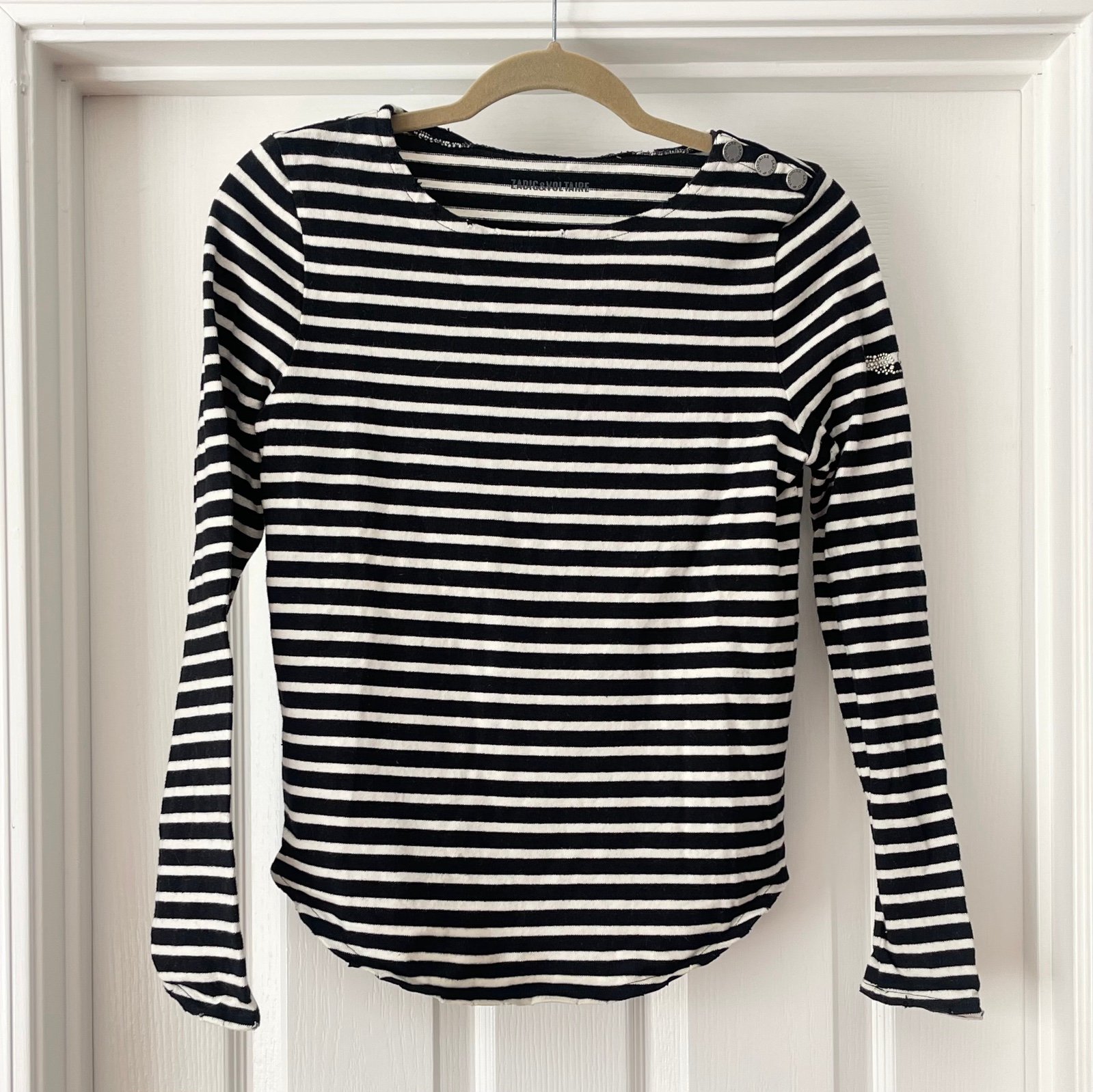 Zadig & Voltaire Black and Off White Striped Distressed Knit Top
