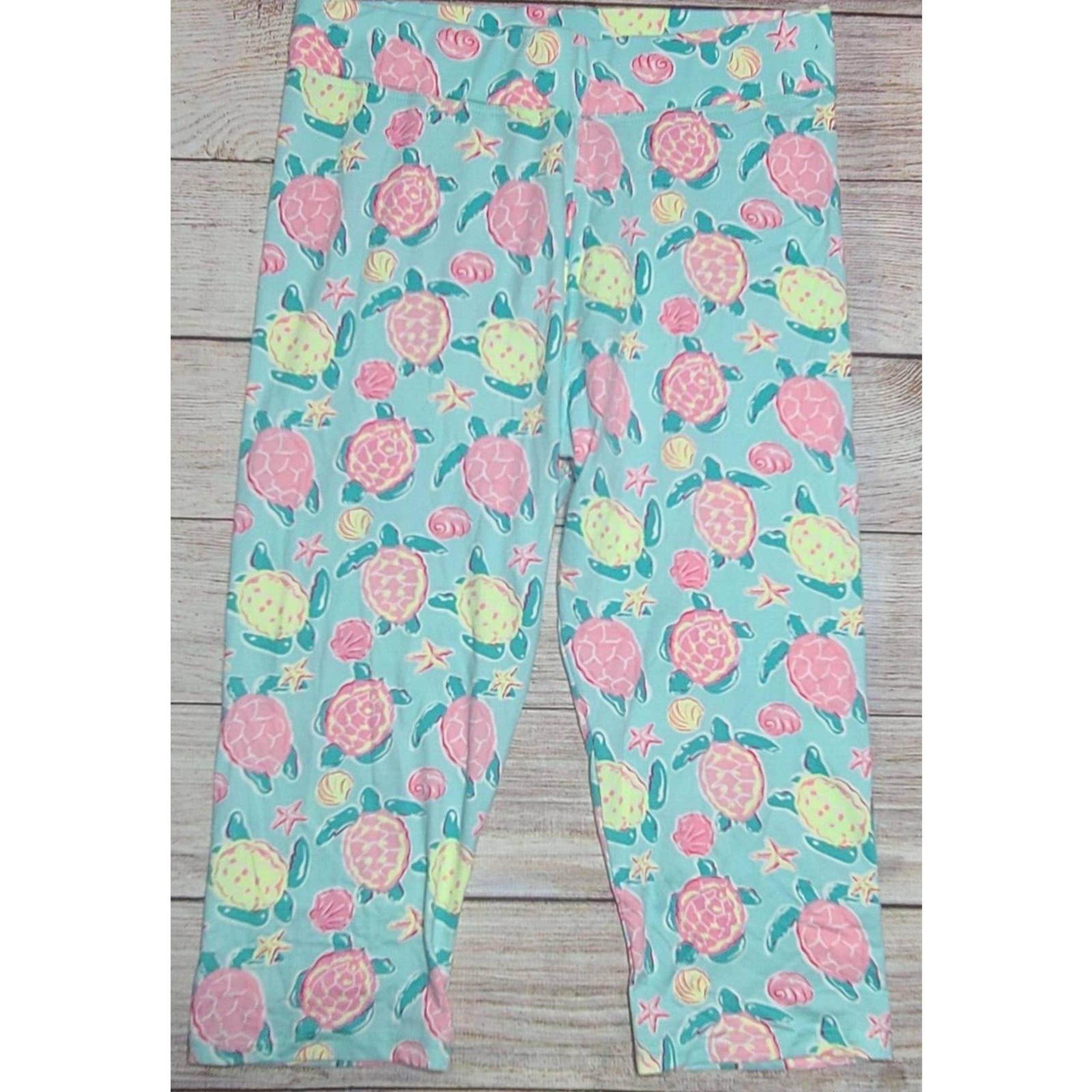 Capri Leggings Women's One Size Fits Most Teal Pink Turtles New - Simply Southern