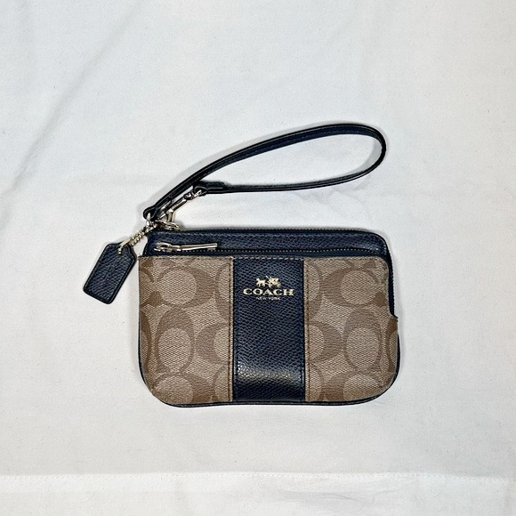 Coach Signature Navy Blue Leather Double Corner Zip Wristlet Wallet F52853