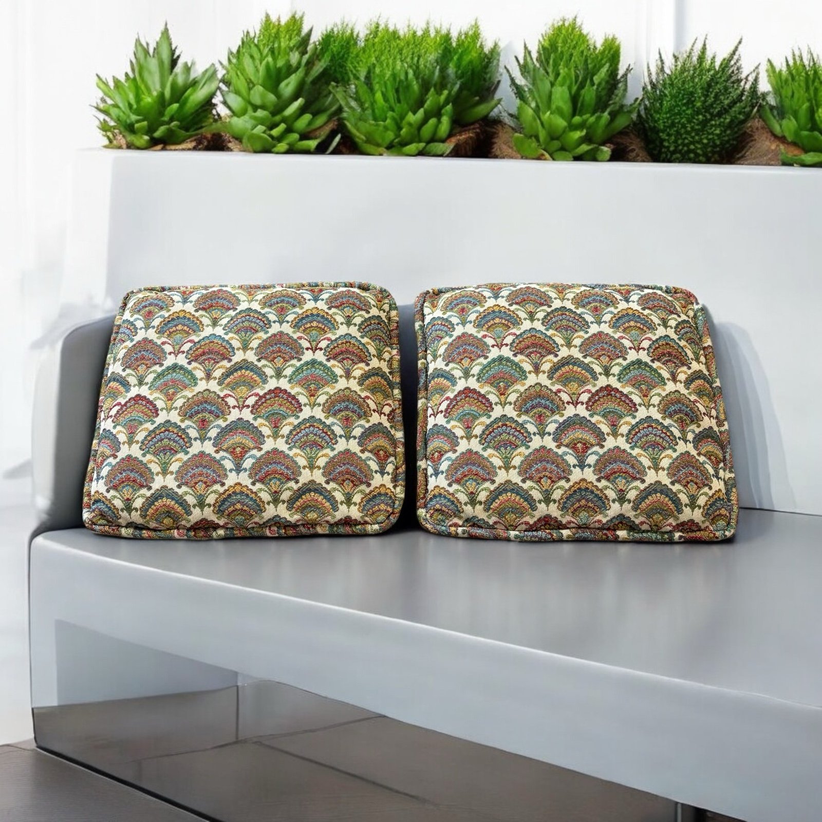 Vintage Set 2 Tapestry Accent Throw Pillows Peacock Art Deco Print Welt Edging