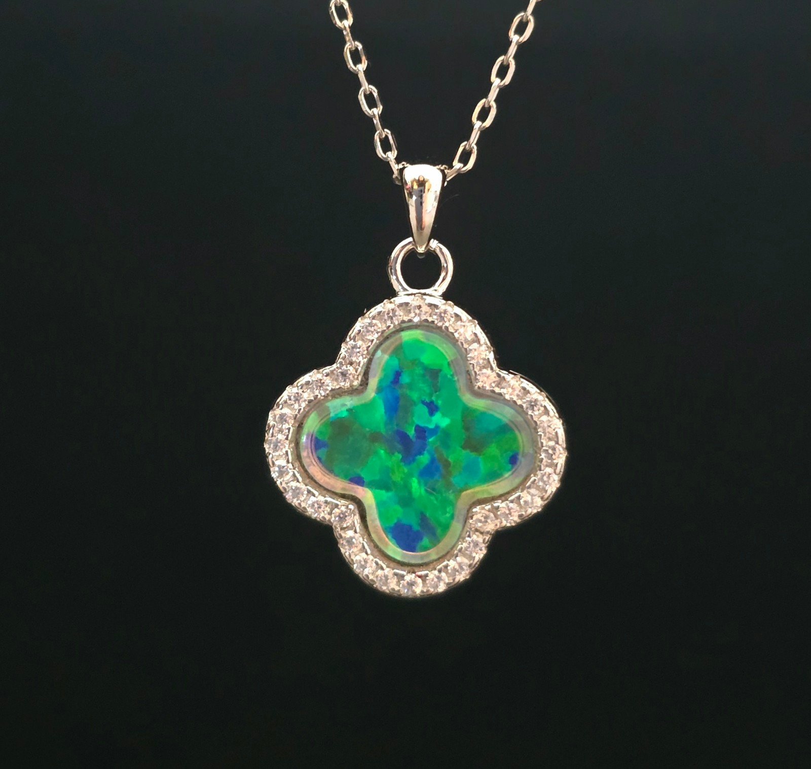 Opal clover rhodium solid 925 sterling silver necklace