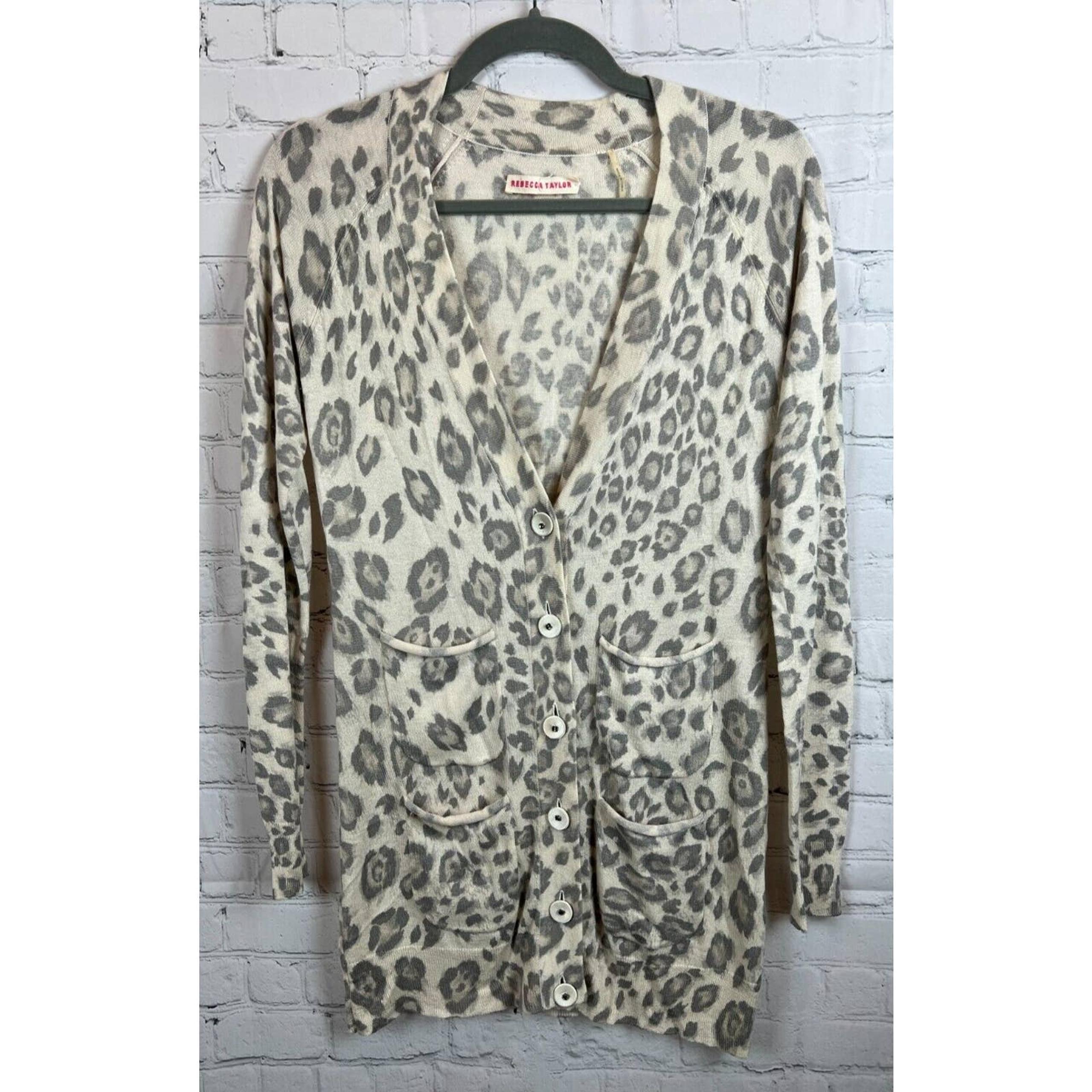 REBECCA TAYLOR beige ivory gray animal leopard silk cashmere cardigan knit M