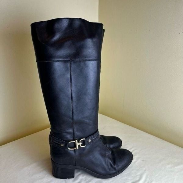 Black Leather Knee High Riding Boot Gold Buckle Block Heel Women’s 7