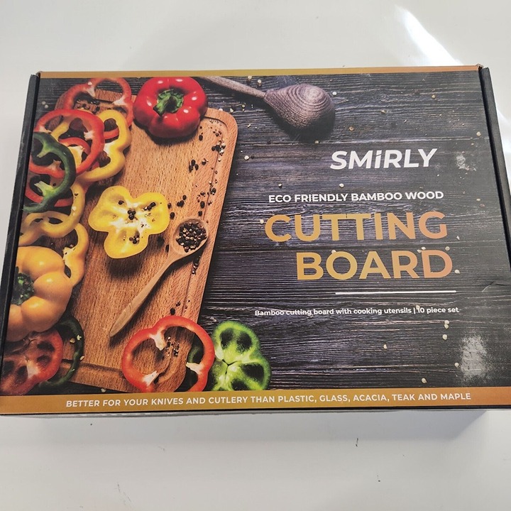 SMiRLY Bamboo Wood Cutting Board w/ Cooking Utensils 10pc Set