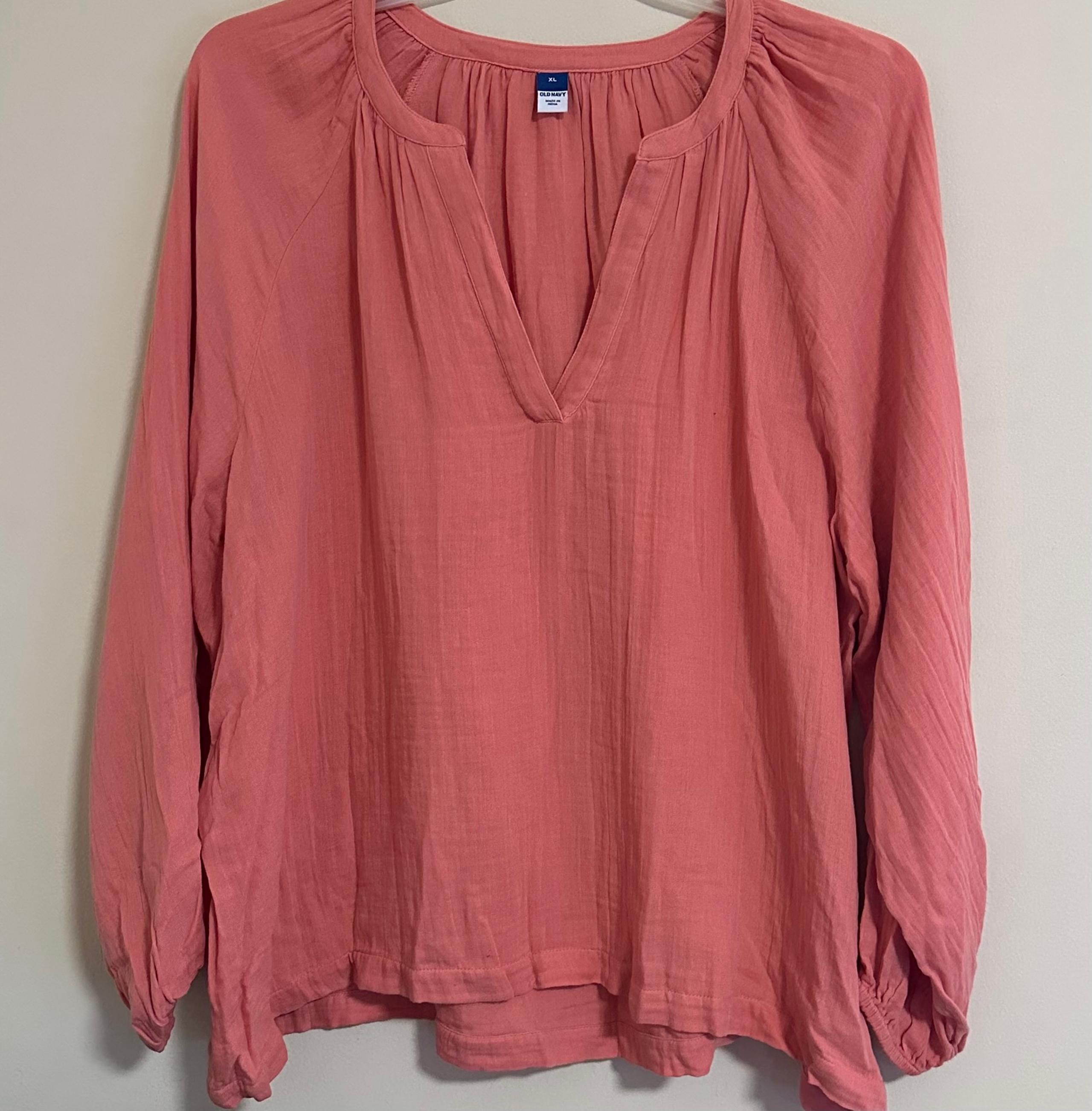 Old Navy Coral Orange Melon Gauzy Crinkle Cloth Split V Peasant Blouse XL