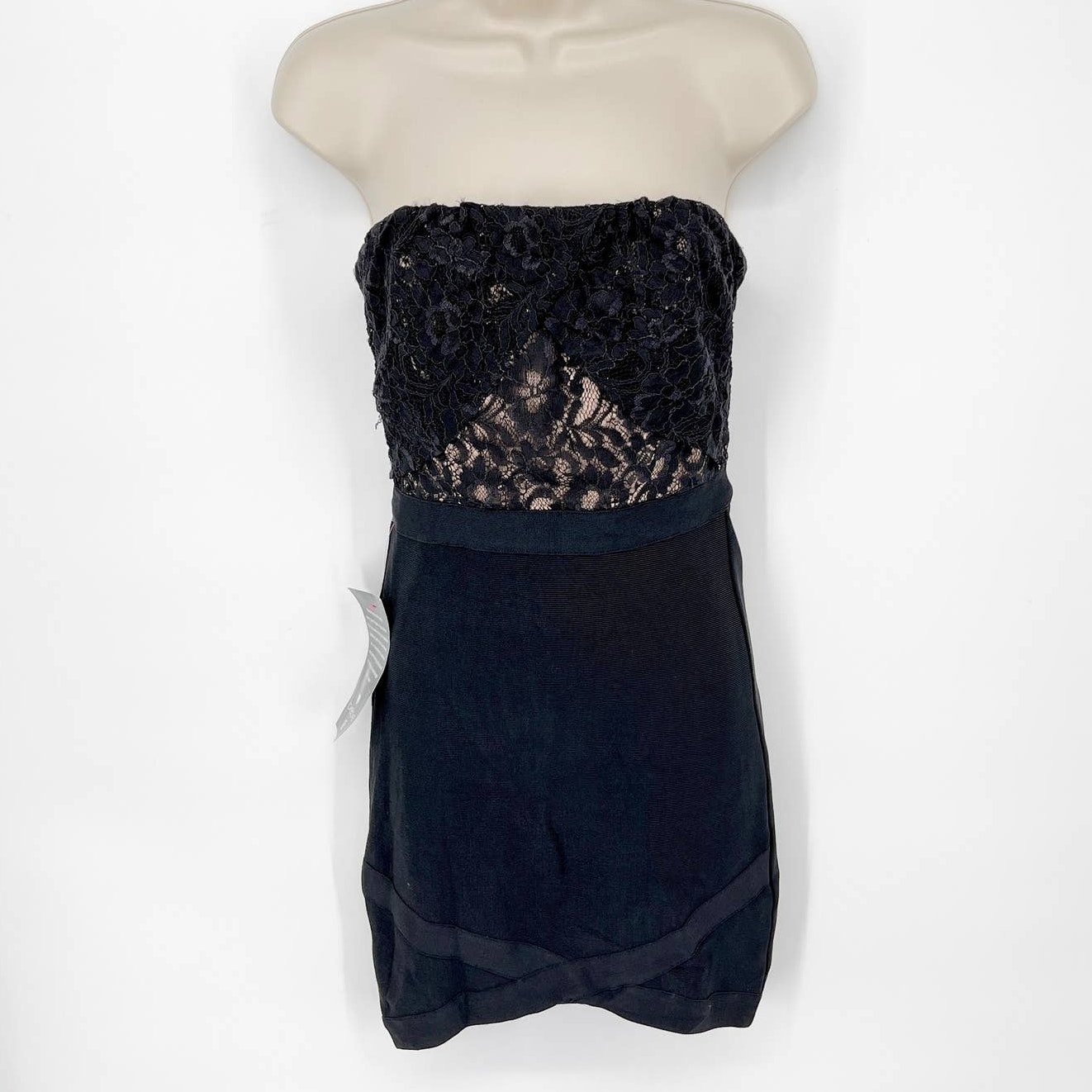 Bebe NEW Women's Lace Strapless Bandage Dress Back Zipper Stretchy Size S Black