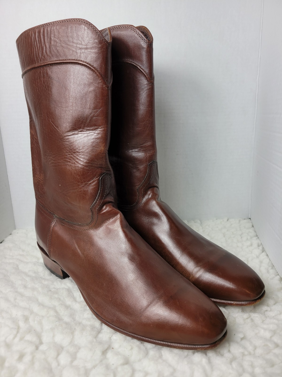 Vintage JS Justin 50025 Men's Roper Cowboy Boots Size 12 E Brown Leather Shoes