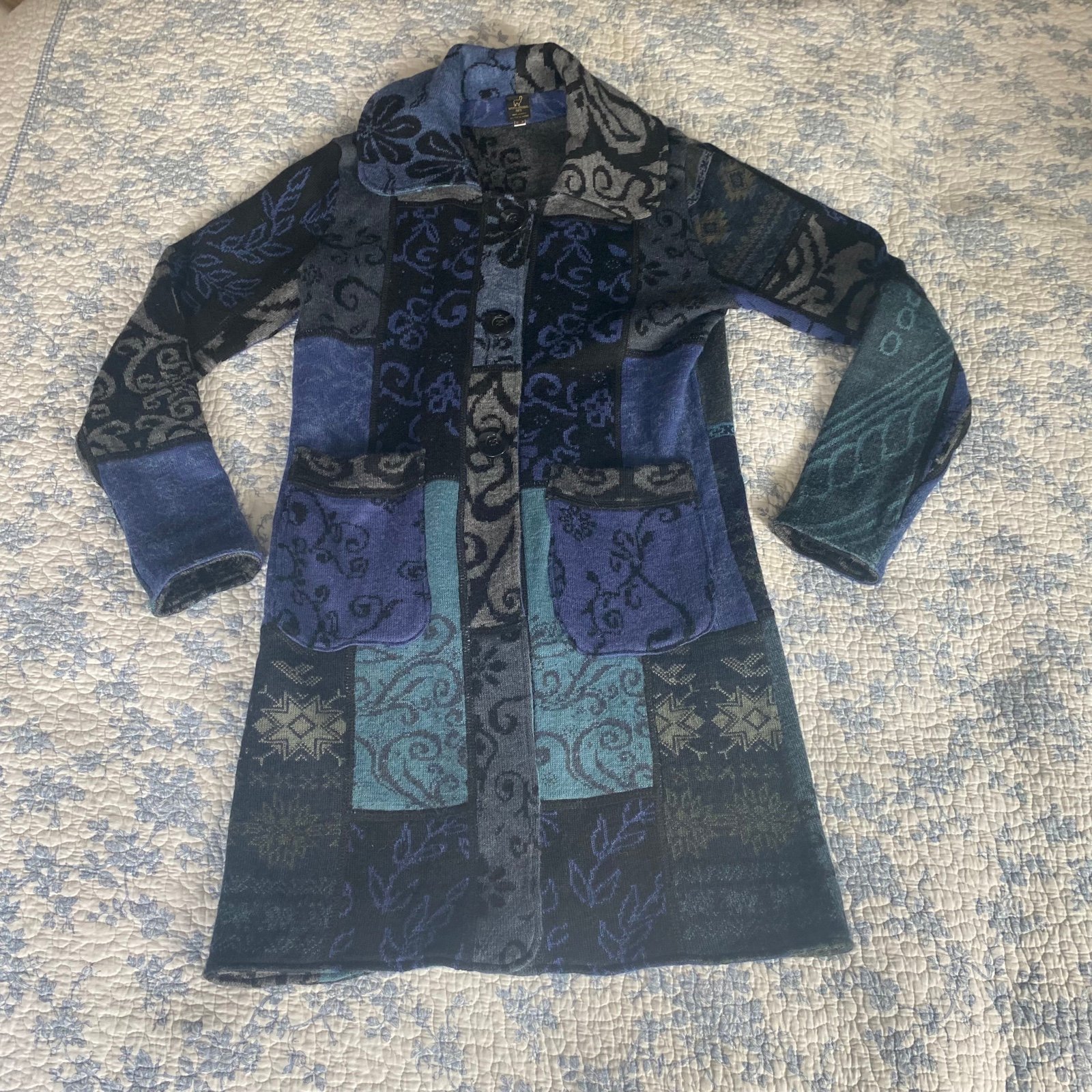 100% Alpaca Blue Arlequin Patchwork Long Line Cardigan Size Small Made in Peru