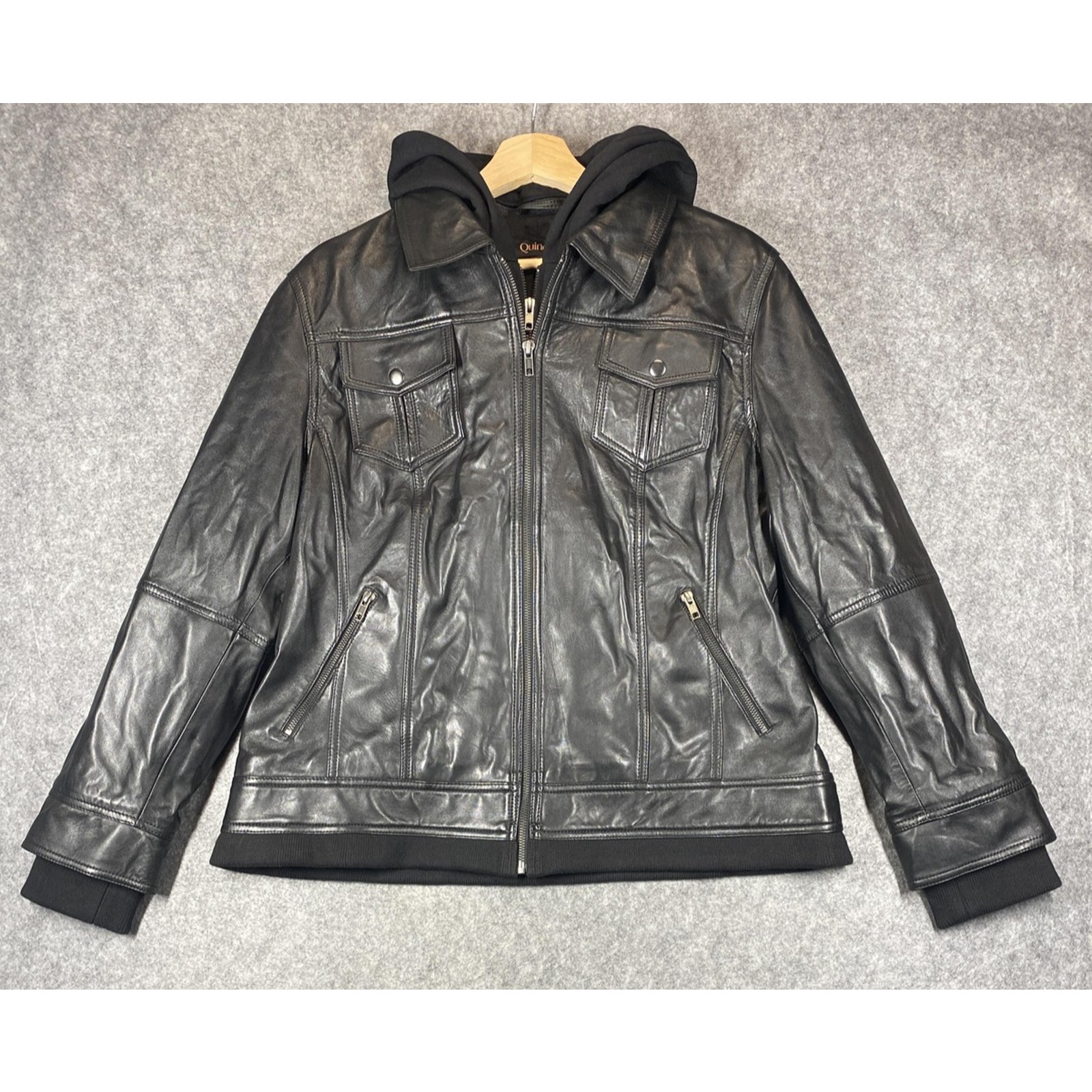 Quince Leather Jacket Womens XL Black Hooded Bomber Zipper Pockets Full Zip Moto