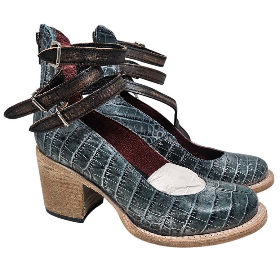 NEW Freebird 6 Randi Ankle Strap Pump Heel Leather Boho Western Blue Croc