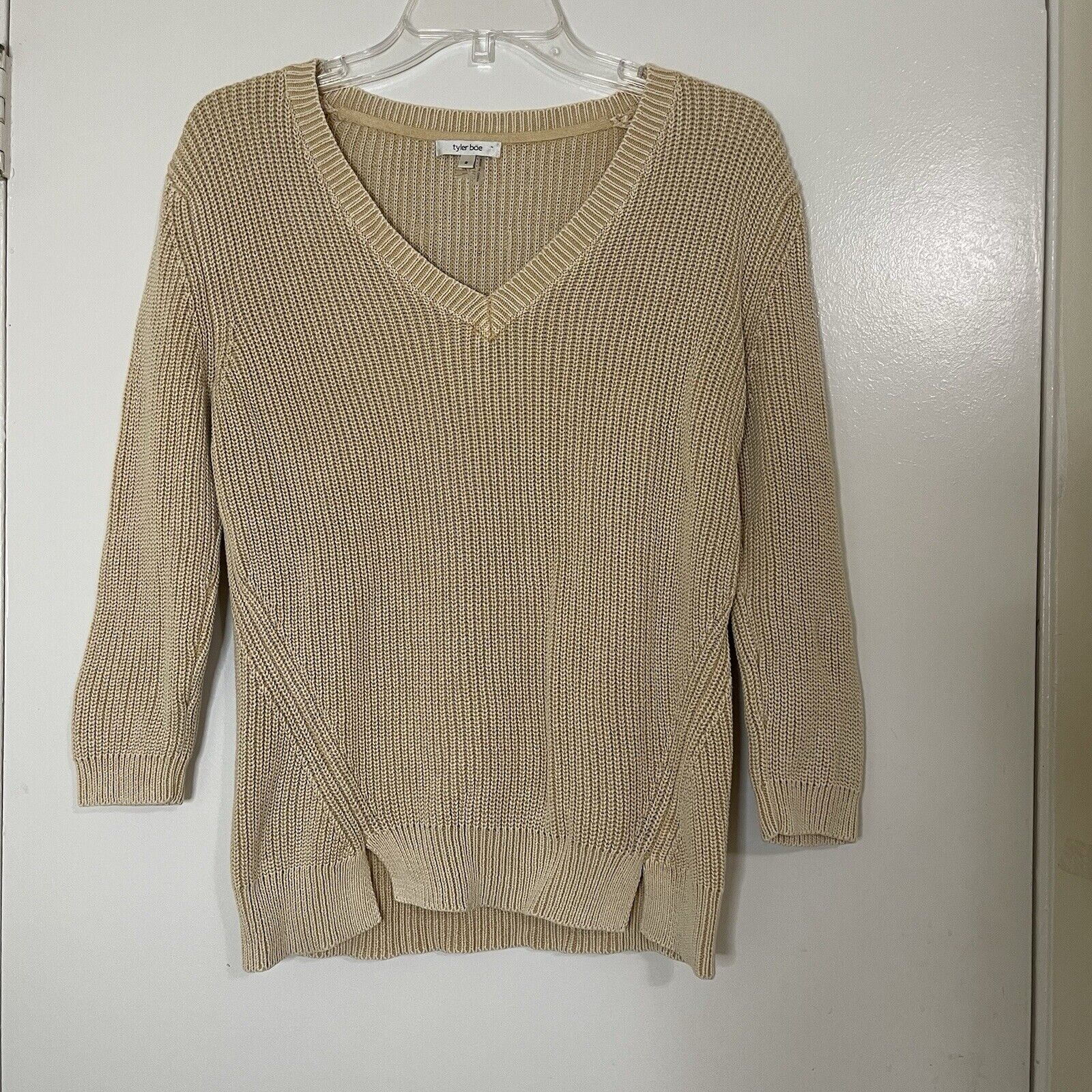 TYLER BOE Ribbed Knit Round Neck Long Sleeve Cross Stitched Sweater Small