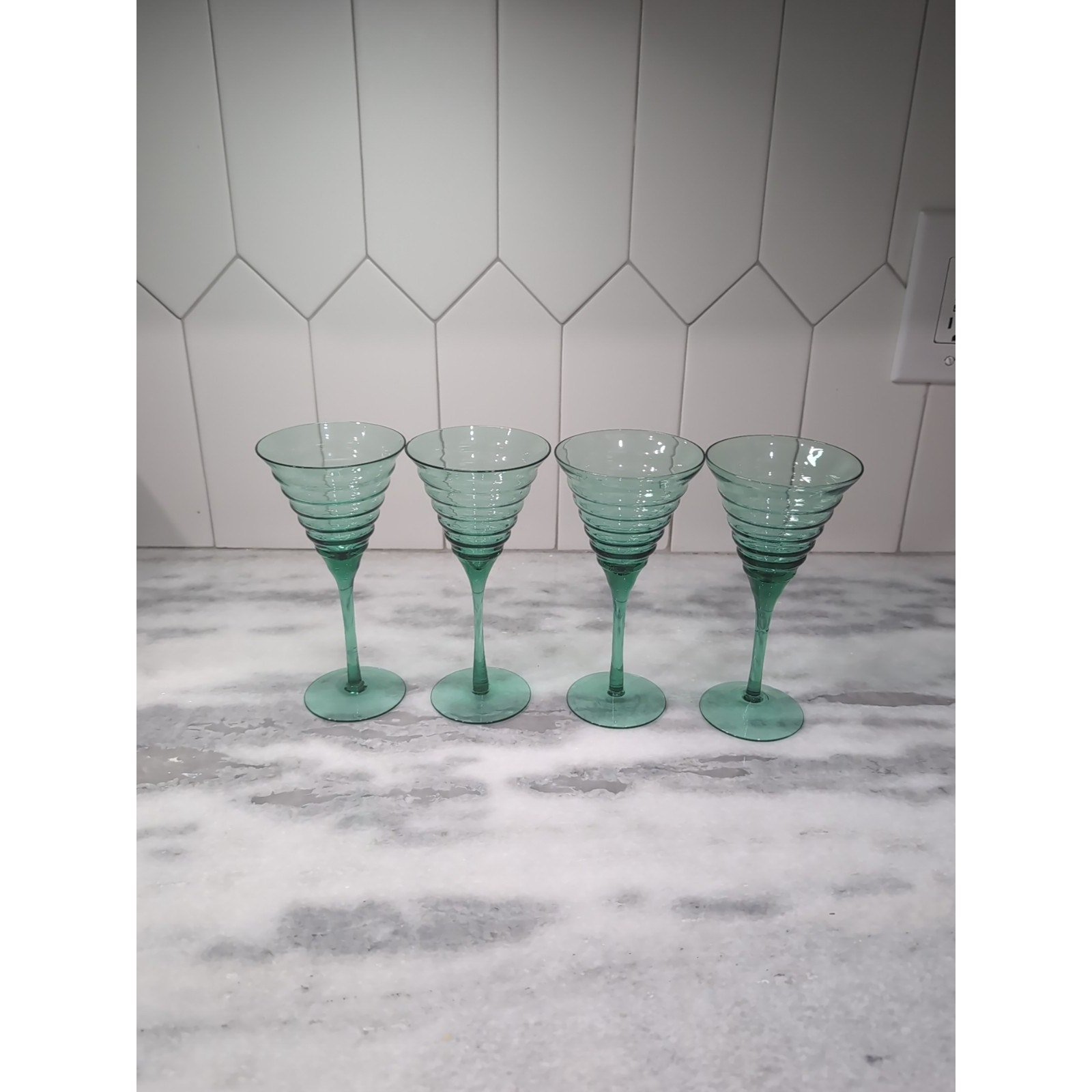 Handblown Green Martini Glass Set, MCM Barware, Vintage Style Drinkware, 6.5 H
