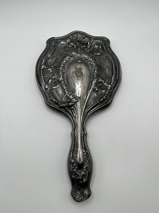 Vintage Art Nouveau Vanity Hammered Silver Plated Hand Mirror Victorian Beveled