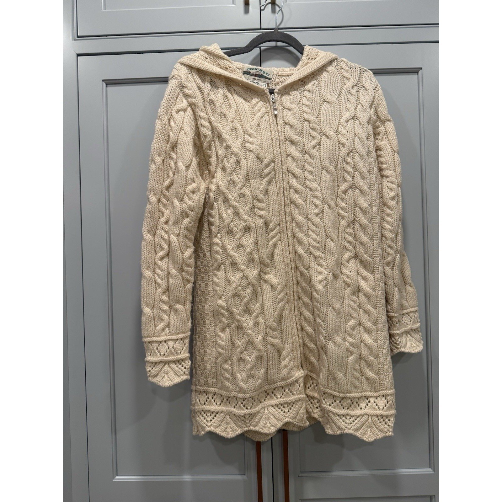 Vintage Irish Aran Crafts Sweater Merino Wool Cable Knit Fisherman Zip Cardigan