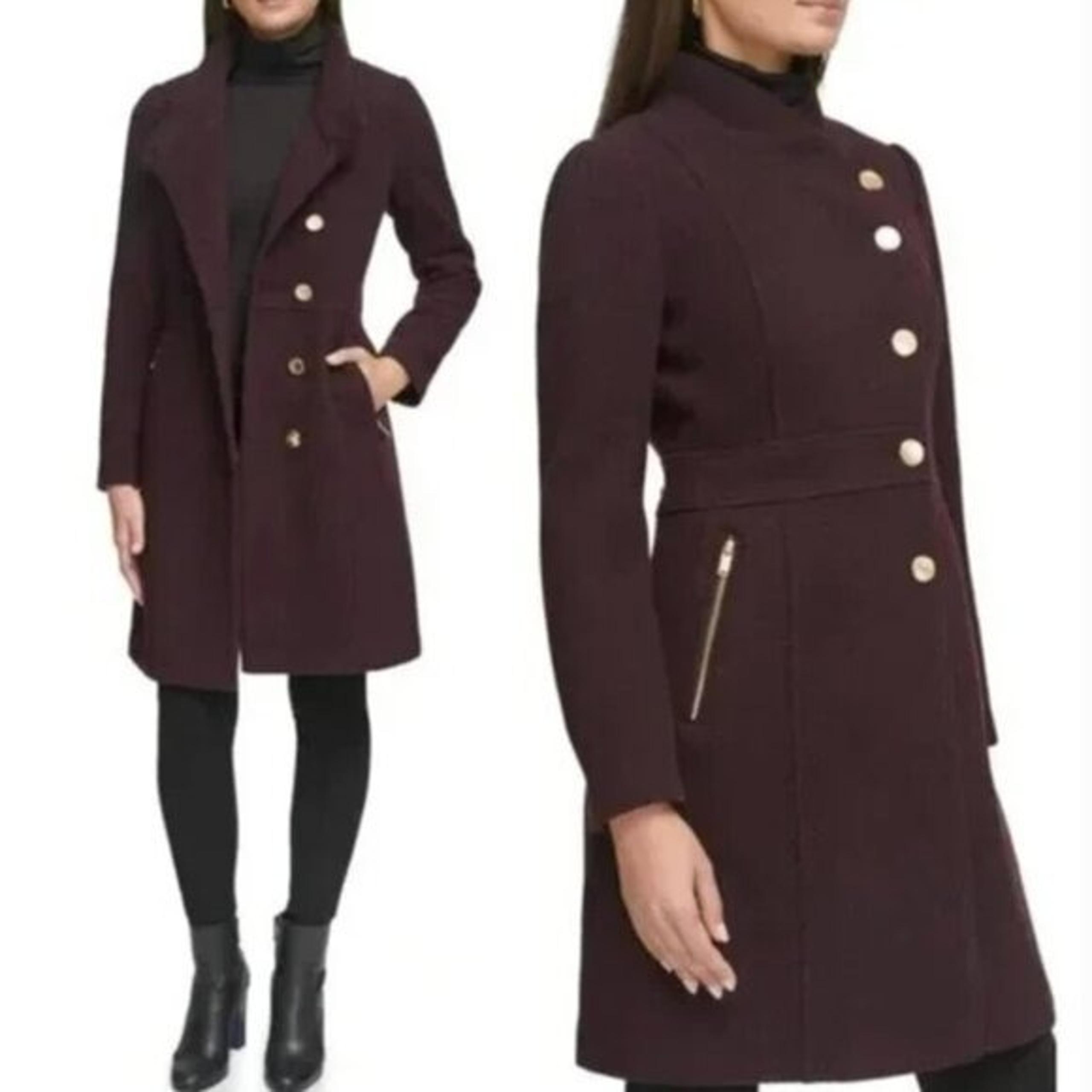NWT Women's Textured Coat In Port Wool Blend Burgundy / Wine Color XL - GUESS