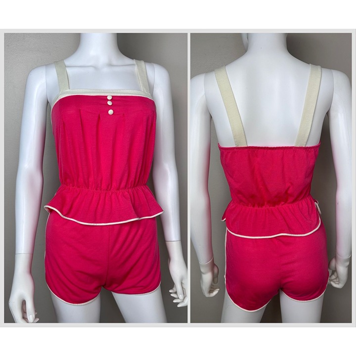 Vintage 1970s/80s Bright Pink Knit Peplum Top and Shorts Set, Kayser Size XS