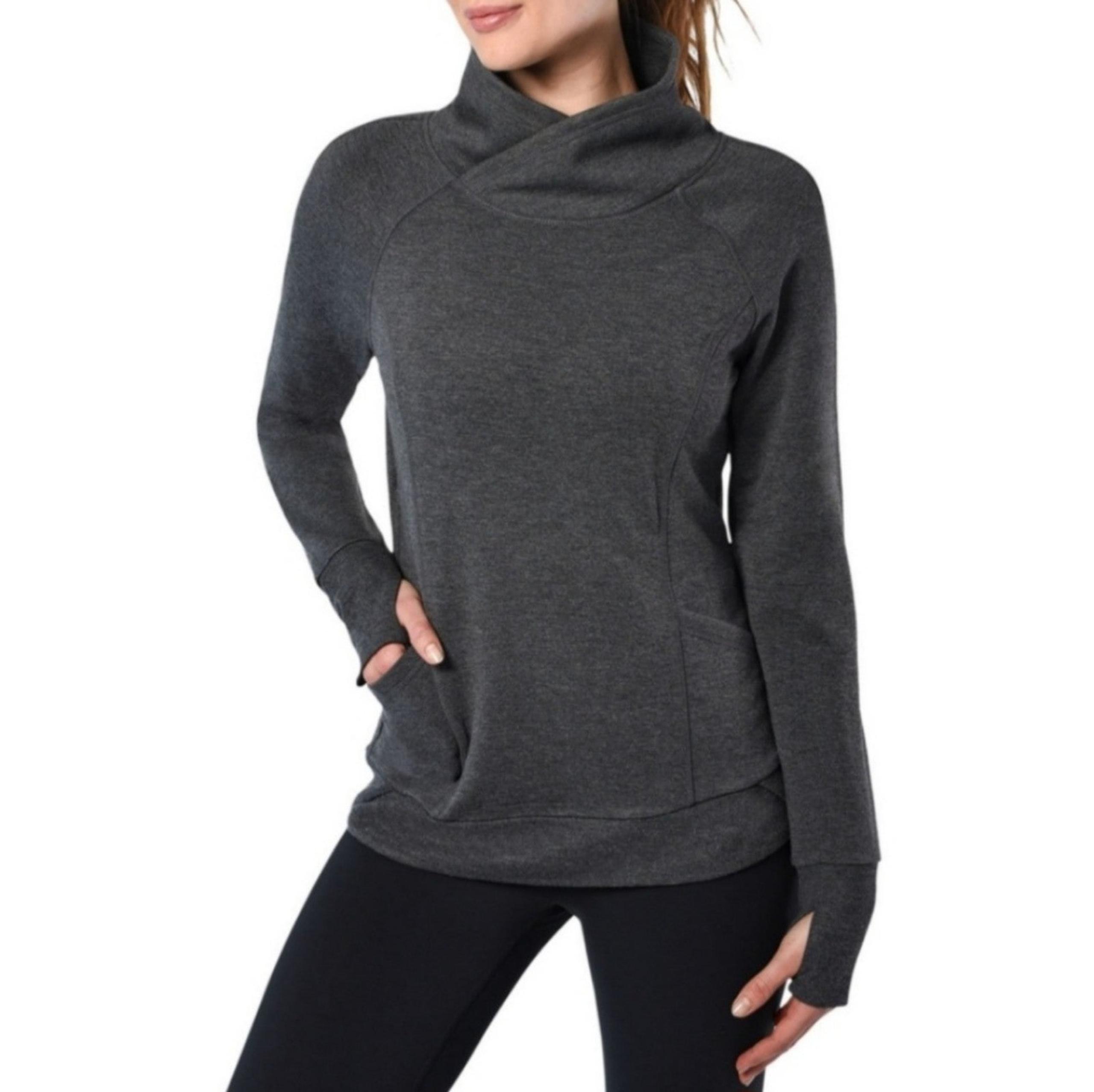 Yogalicious Relaxed Cross Neck Sweatshirt Grey Women's Small S Pockets Thumb EUC