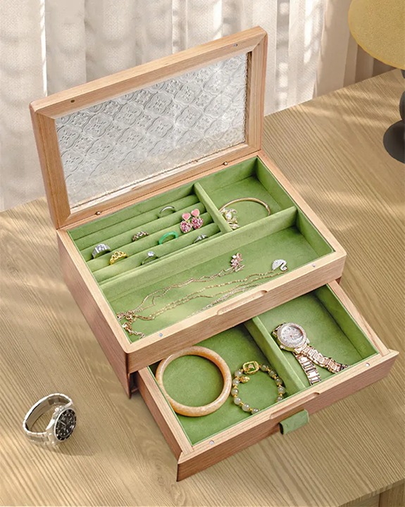 2 Layer Wooden Jewelry Box, Bracelet Watch Jewelry Organizer, Walnut Wood Neckla