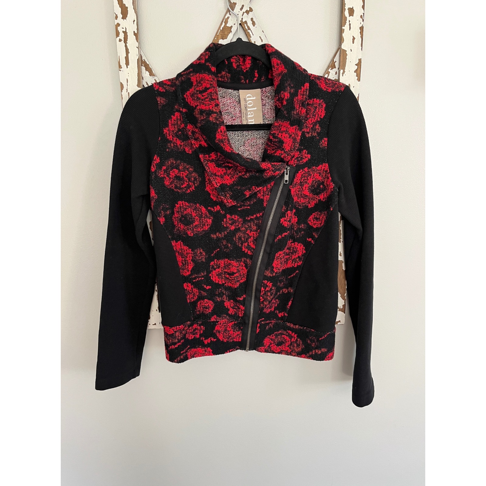 Dolan Sweater Jacket Asymmetrical Red and Black Floral Size Small